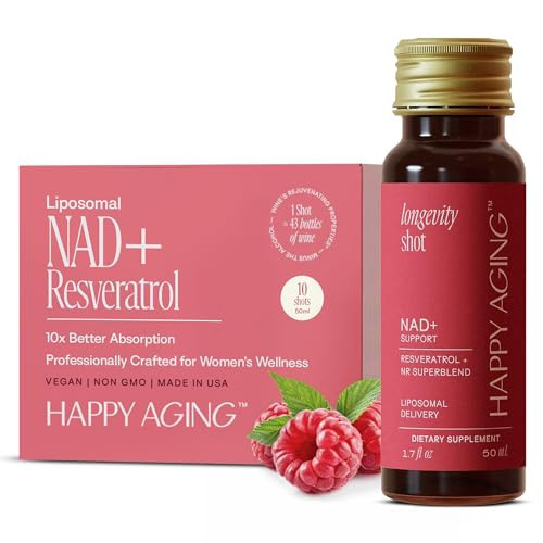 Happy Aging Liquid NAD+ Resveratrol Supplement, NMN Alternative, Liposomal Nicotinamide Riboside & Antioxidants for Energy Support, Brain Health, Firm Skin, Twice Weekly Use, 10 Shots | Amazon (US)