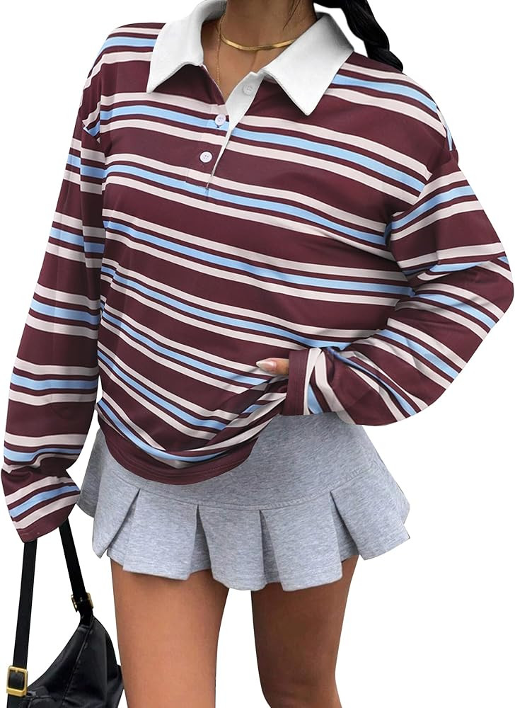 SOFIA'S CHOICE Oversized Striped Long Sleeve Rugby Shirts Women Polo V Neck Y2k Preppy Pullover T... | Amazon (US)