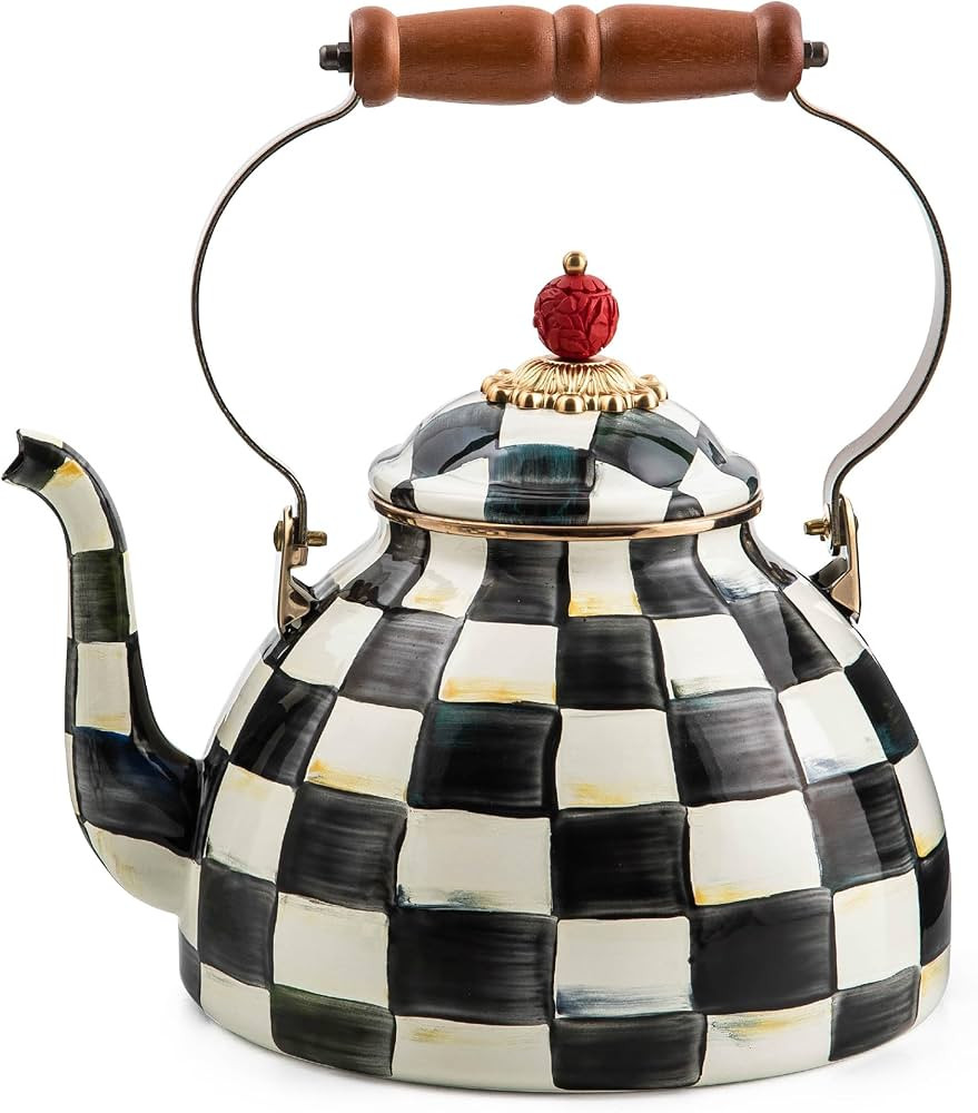 MACKENZIE-CHILDS Enamel Tea Kettle, Stylish Tea Kettle for Stovetop, Black-and-White Courtly Chec... | Amazon (US)