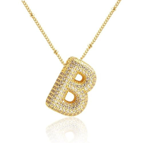 GraceSphere Bubble Letter Necklace Gold, A-Z Balloon Initial Necklaces Rhinestone Puff Letter Pendant Chunky Alphabet Necklace for Women (B) | Amazon (US)