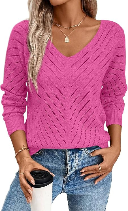 SHEWIN Womens Sweaters V Neck Long Sleeve Shirts Knit Hollow Out Crochet Sweater Fall Outfits for... | Amazon (US)