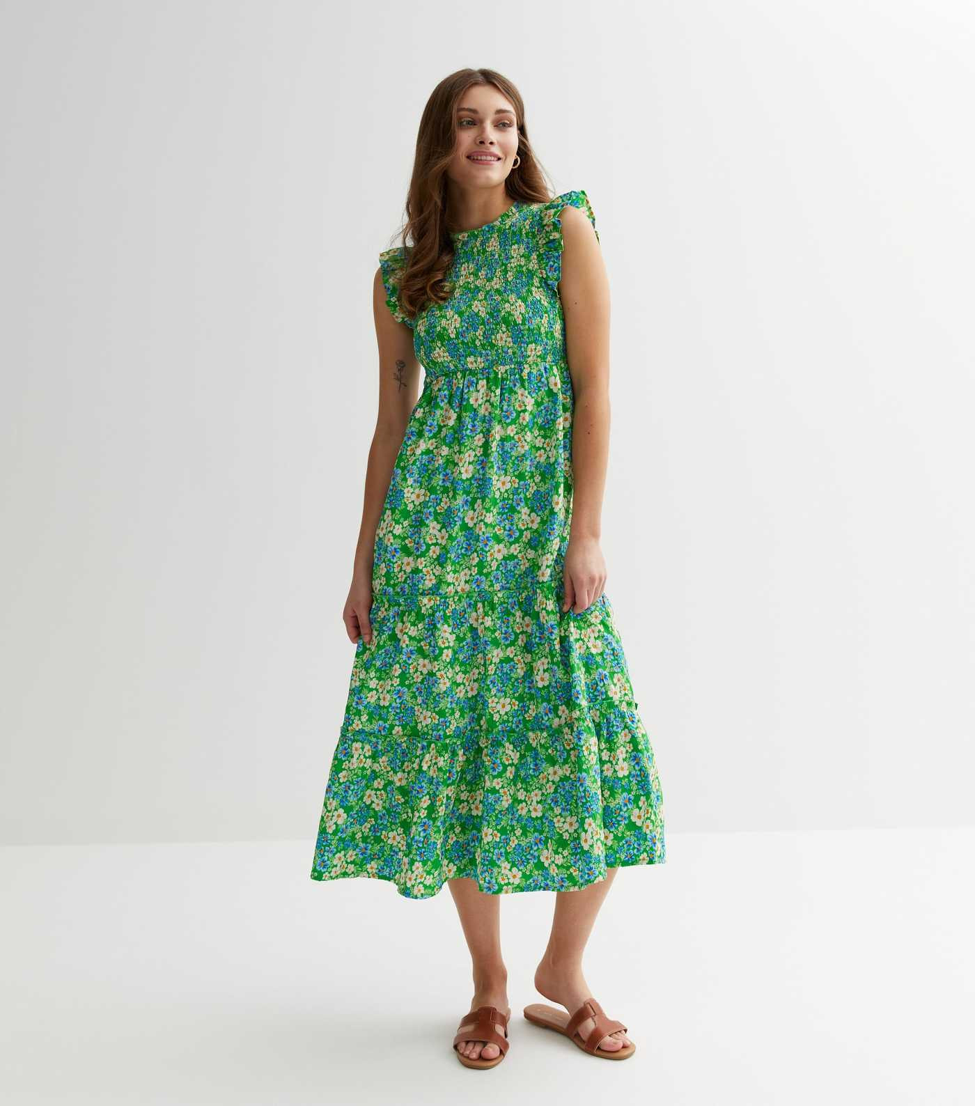 Green Floral Frill Tiered Midi Dress
						
						Add to Saved Items
						Remove from Saved Item... | New Look (UK)