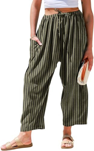 TARSE Womens Linen Wide Leg Pants Casual Loose Drawstring Low Waist Summer Beach Palazzo Harem Pants with Pockets(Striped,XL) | Amazon (US)