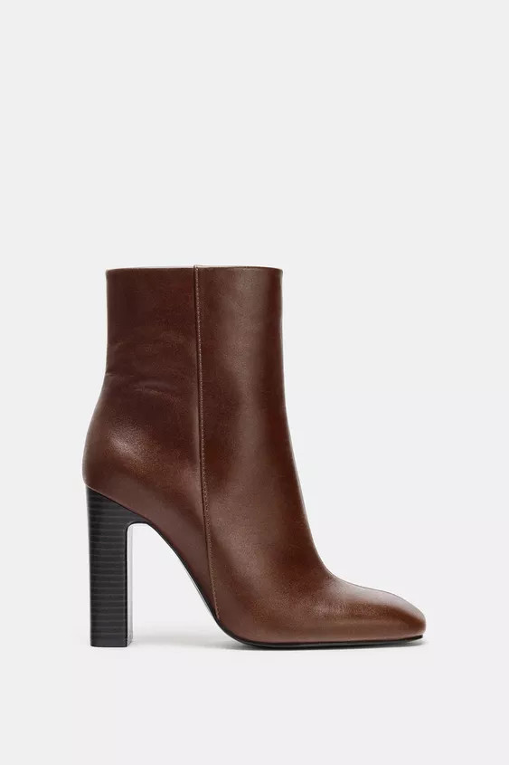 LEATHER WIDE HEEL ANKLE BOOTS | Zara US