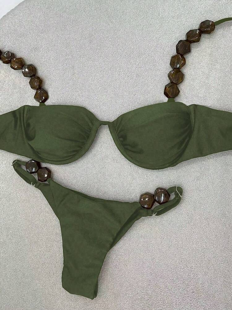 Nuevo Llegado Oficial Polovedo Primavera/Verano Sexy Bikini De Mujer Color Verde Militar Sólido, Traje De Baño Para Playa, Fiesta, Cita, Vacaciones | SHEIN
