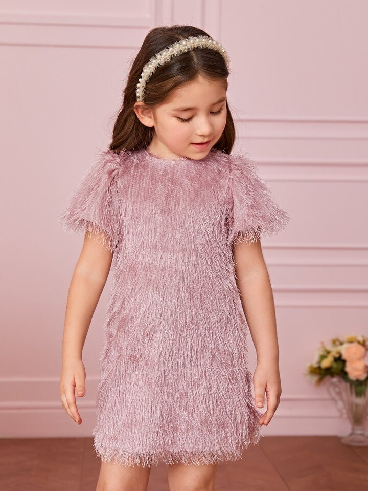 SHEIN Kids CHARMNG Toddler Girls 1pc Puff Sleeve Fuzzy Dress Without Belt | SHEIN