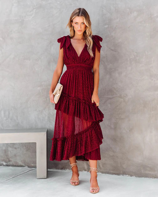 Carrie In Paris Tiered Tulle Midi Dress - Wine | VICI