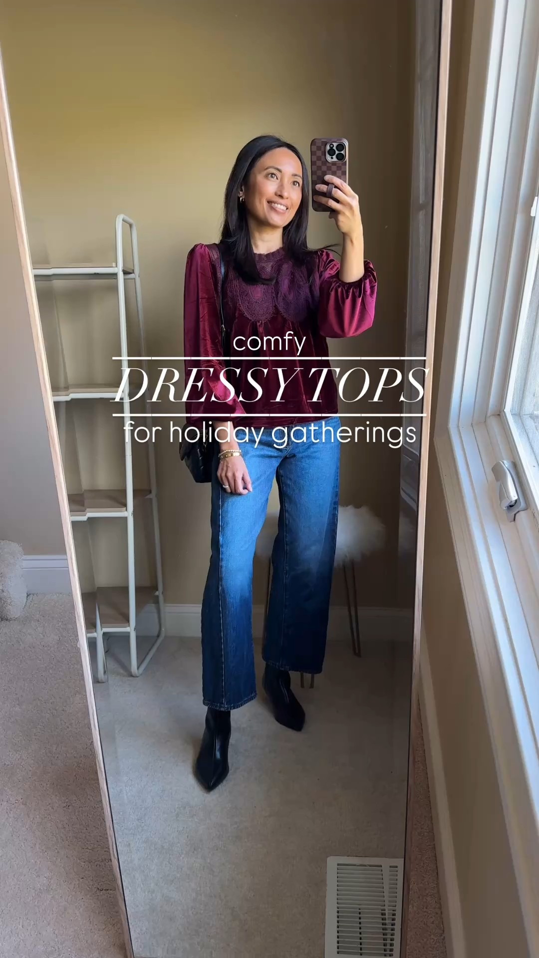 Holiday outfit.  Comfy dressy tops for holiday gatherings. 
-Both around $45, but look more expensive. 
Detailing is very nice. 
They look good and are easy to wear. Multiple colors available  
True to size. 
-Dark wash denim jeans are easy to dress up. This barrel style has been a favorite. I sized up. 
-Kitten heel booties vs regular heels for warmth. Linking multiple options. 


#LTKStyleTip #LTKOver40 #LTKHoliday