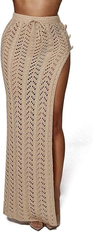 Womens Crochet Beach Cover Up Skirts Sexy High Waist Hollow Out Long Maxi Skirt Slit | Amazon (US)