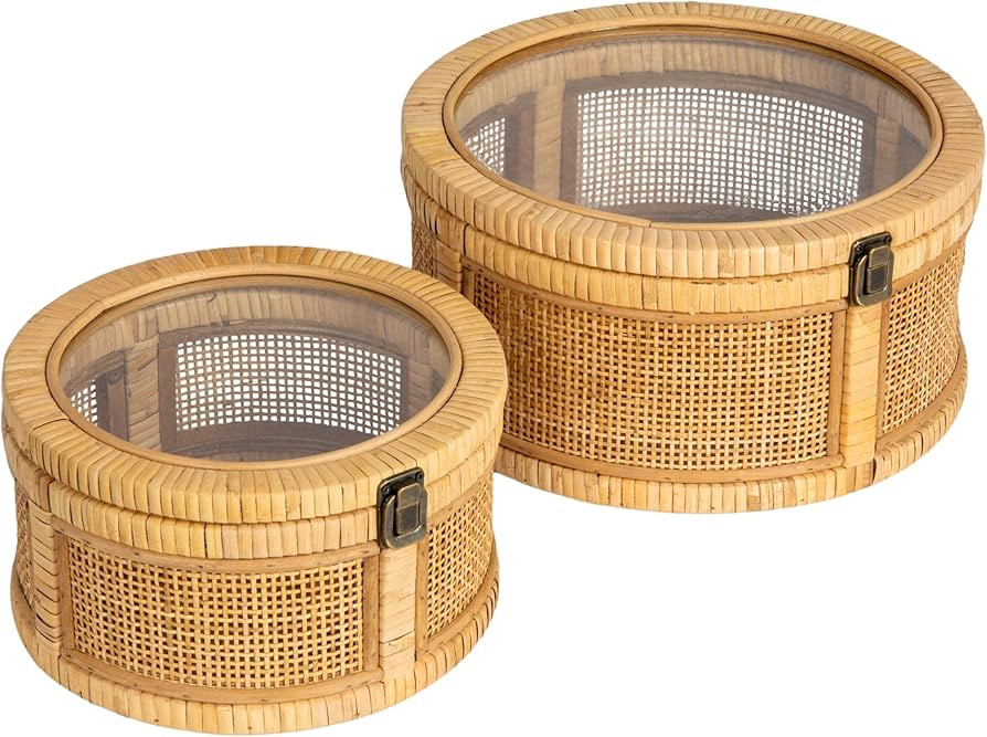 Creative Co-Op Rattan and Bamboo Nestable Round Storage with Glass Lids, Natural, Set of 2 | Amazon (US)