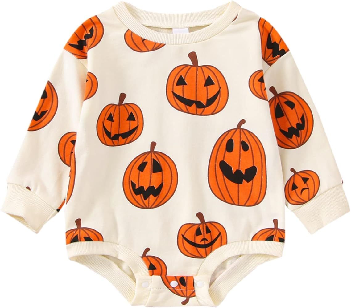 Toddler Infant Baby Girl Boy Halloween Outfit Pumpkin Sweatshirt Oversized Onesie Bubble Romper S... | Amazon (US)