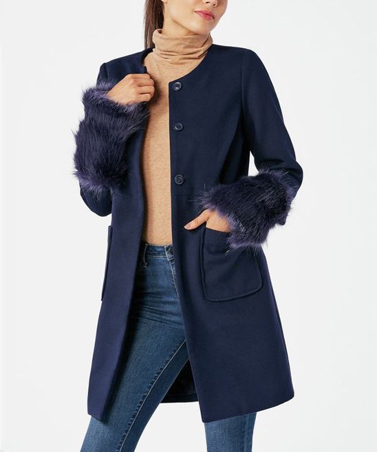 JustFab Women's Trench Coats DARK - Dark Indigo Faux Fur-Trim Collarless Jacket - Women | Zulily