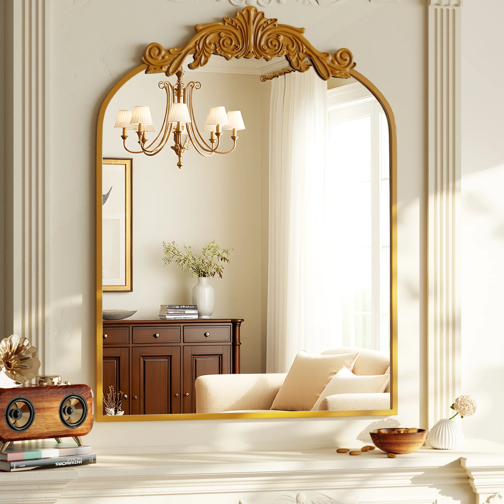 BEAUTYPEAK 40"x30" Vanity Wall Mirror Decorative Vintage Arch Bathroom Mirror,Gold | Walmart (US)