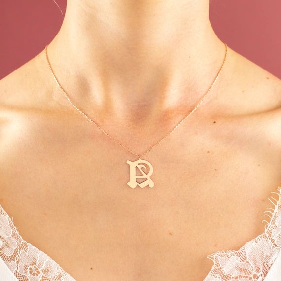 14K Solid Gold Personalized Necklace - Old English Initial Necklace - Dainty initial Necklace - G... | Etsy (US)