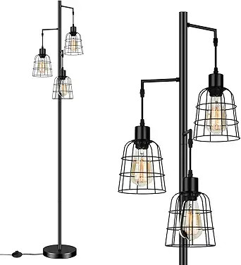 Industrial 3-Light Tree Floor Lamp with Cup-Shaped Cages Farmhouse Rustic Tall Standing Lamp for ... | Amazon (US)