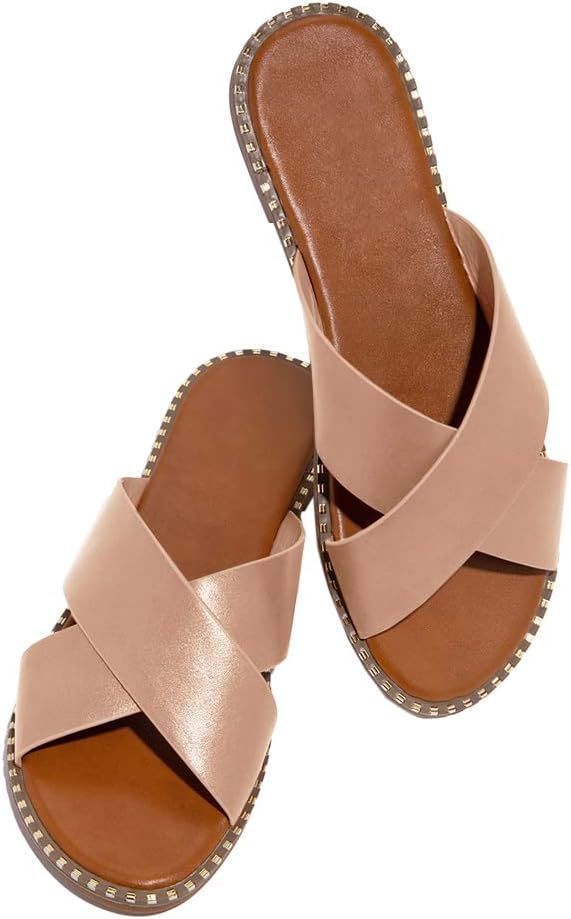 Jeimpoey Womens Studded Flat Sandals Open Toe Slip on Mule Slides Crossed Strap Slipper | Amazon (US)