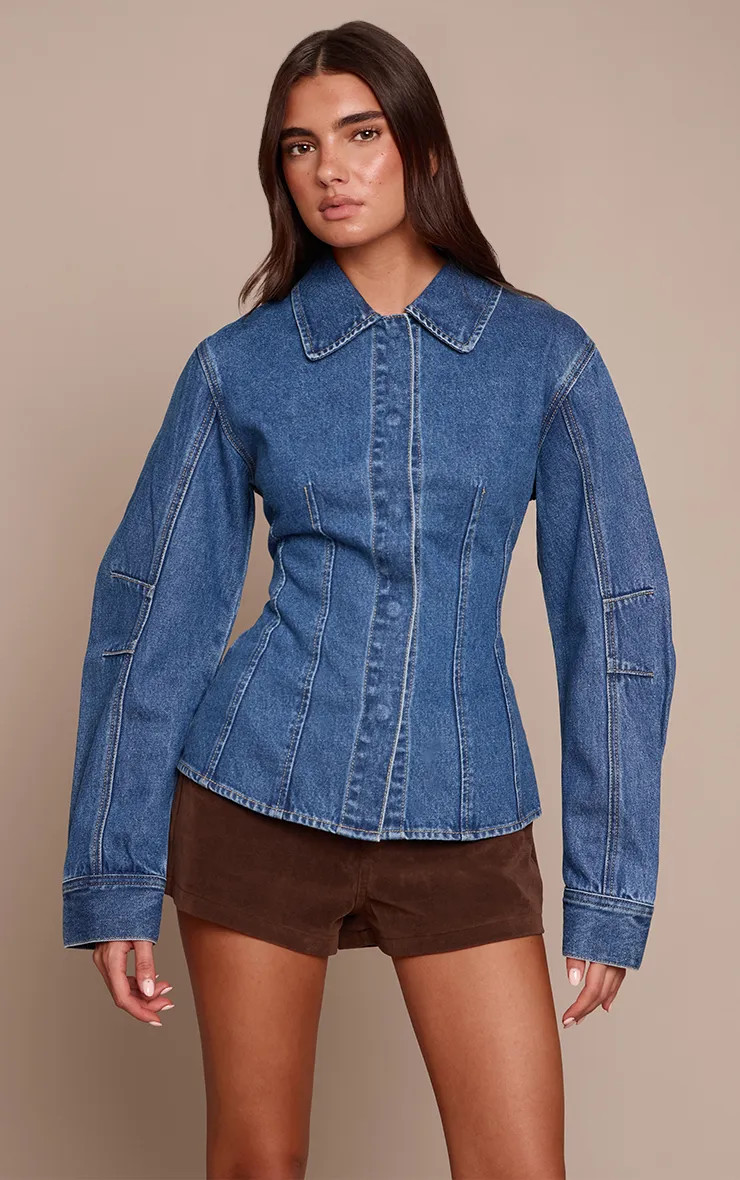 Dark Blue Balloon Sleeve Cinched Denim Shirt | PrettyLittleThing USA | PrettyLittleThing US