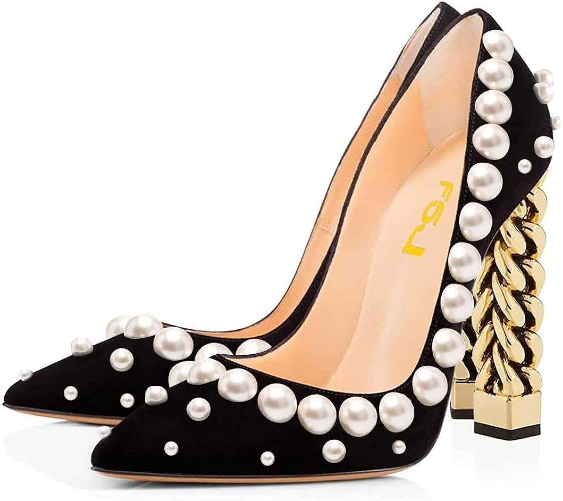 FSJ Women Gold Metal Chain Chunky High Heel Pointed Toe Slip On Fashion Party Prom Pumps Prom Sho... | Amazon (US)