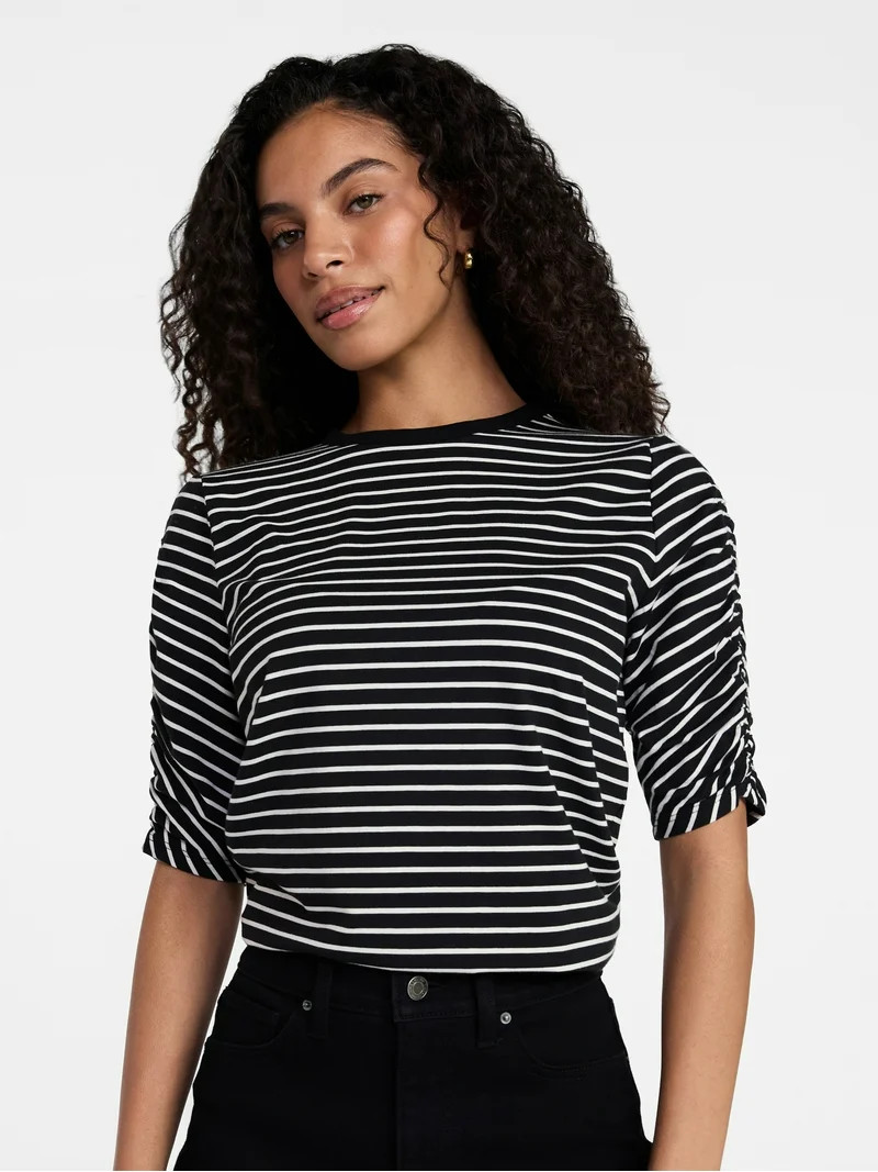 Time and Tru Women's Ruched Elbow Sleeve Tee, Sizes XS-XXXL | Walmart (US)