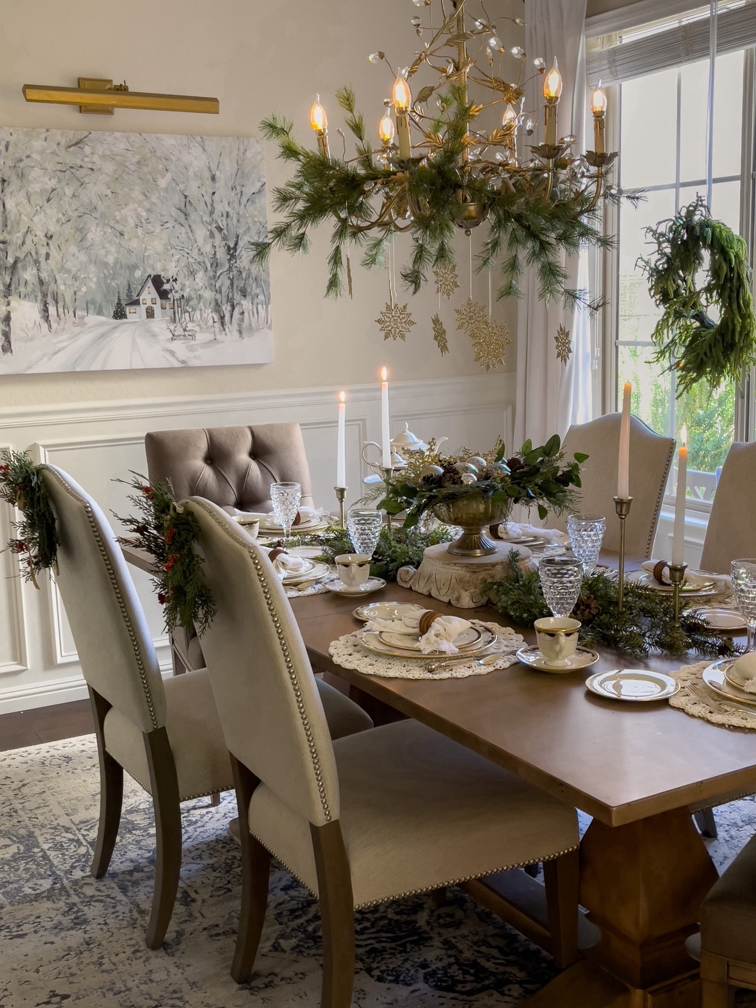 Winter table, holiday table, Christmas table

Lenox Hartwell House dishes, winter greenery, distressed gold compote, vintage floral chandelier, dining chandelier, Claire Chandelier, Ballard chandelier 

#LTKhome #LTKSeasonal