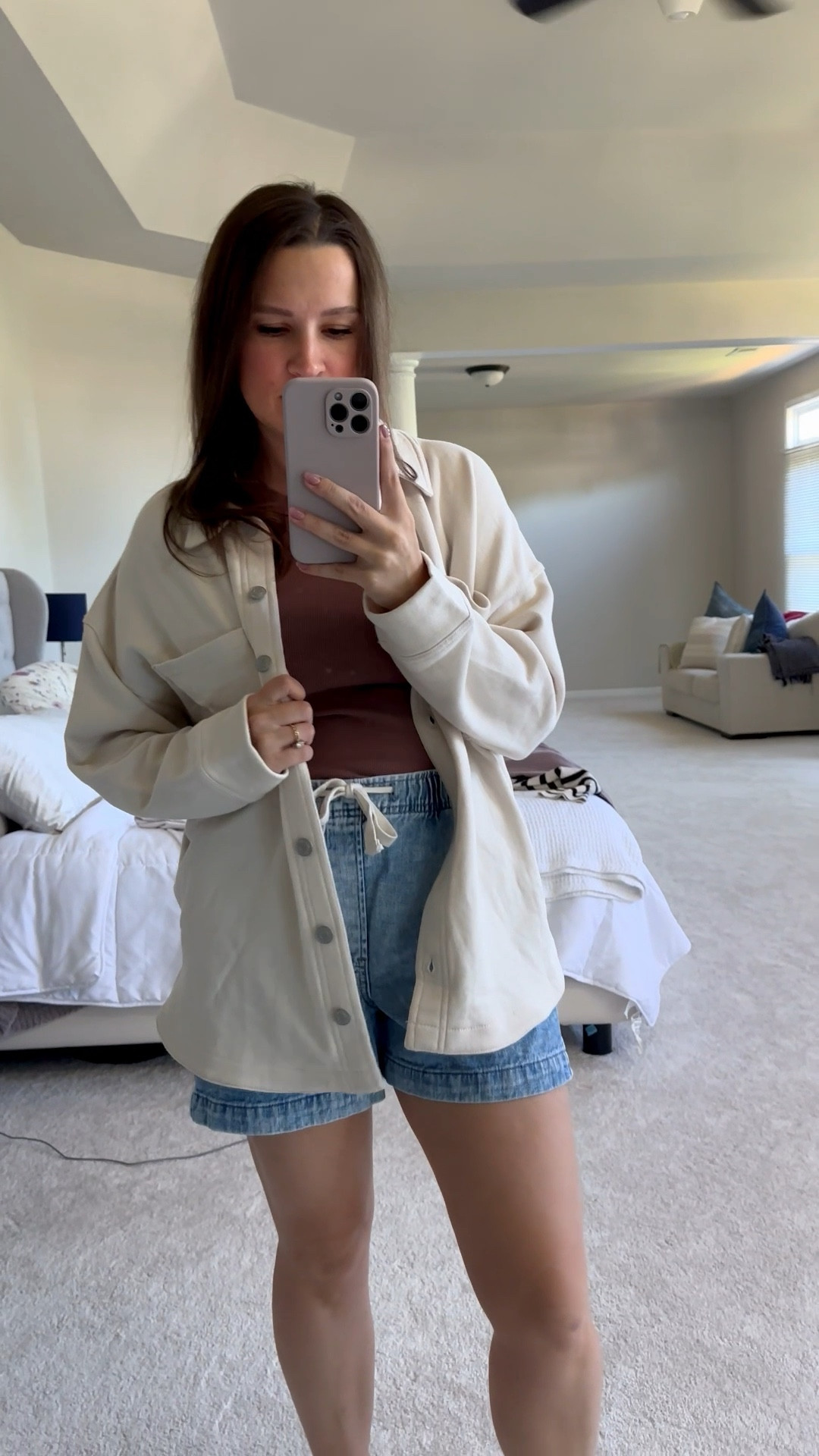 Extra comfy weekend fall outfit for errands or mom outfit to wear to the park. The comfiest pull on jean shorts. A nice fitted tank layered with a cozy button down shacket for weather changes.  

#LTKStyleTip #LTKFindsUnder100 #LTKSaleAlert