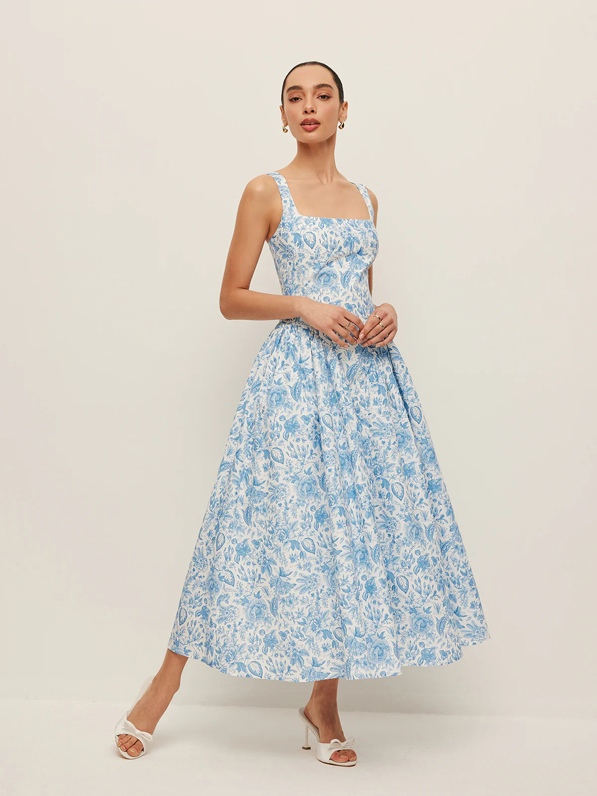 Square-Neck Printed Dress With Pockets | Commense