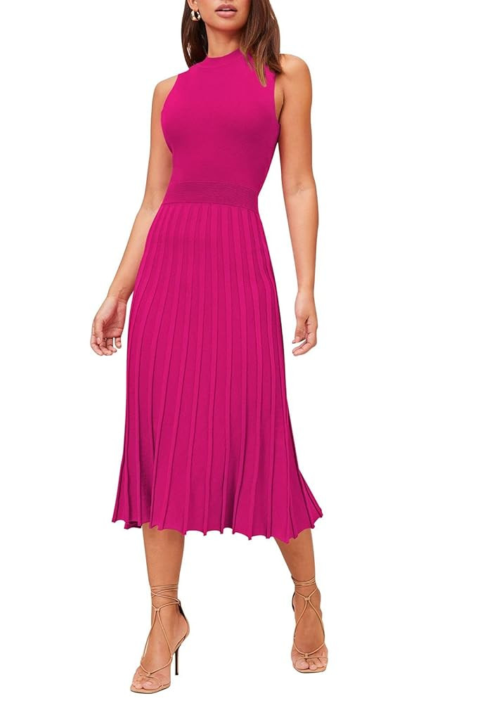 Pink Queen Women's Crew Neck Sleeveless High Waisted Bodycon Pleated Ribbed Swing Knit Midi Dress... | Amazon (US)