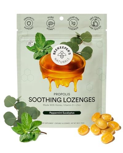 Beekeeper's Naturals Soothing Mint Eucalyptus Cough Drops, Immune Support with Vitamin D, Zinc and Propolis, Cooling & Throat Soothing Lozenges, 14 Ct | Amazon (US)