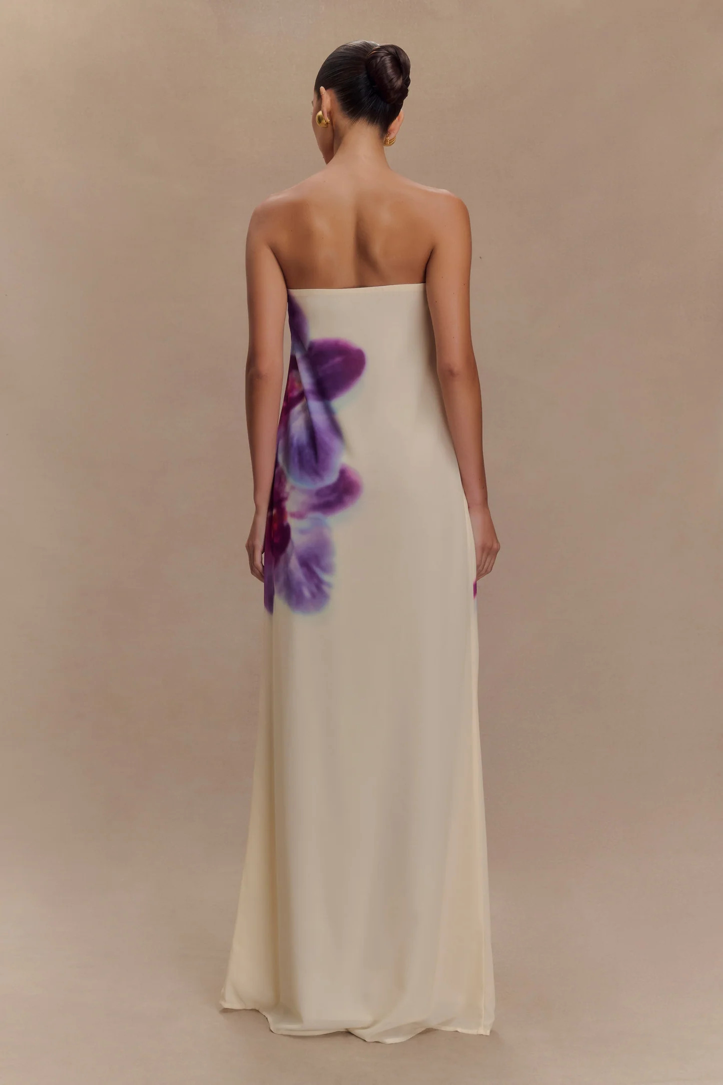 Strapless Chiffon Maxi Dress - Ivory Koi Orchid Print | MESHKI US
