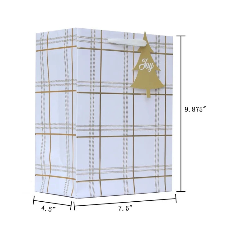 Medium White and Gold Plaid Christmas Paper Gift Bag, 7.5" x 4.5" x 9.87", by My Texas House | Walmart (US)