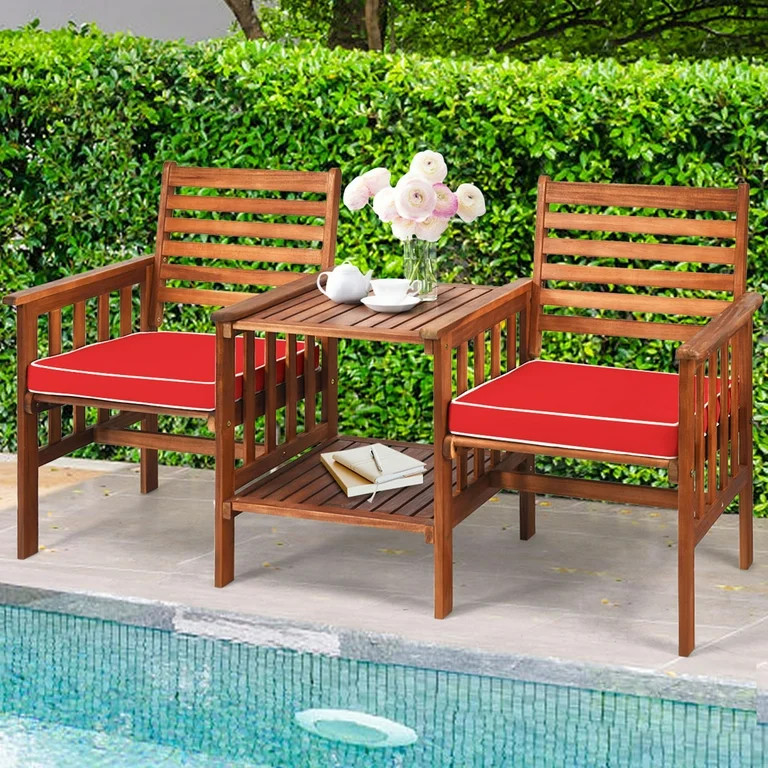 Gymax Acacia Wood Loveseat Patio Outdoor Conversation Set w/ Table Red Cushion | Walmart (US)