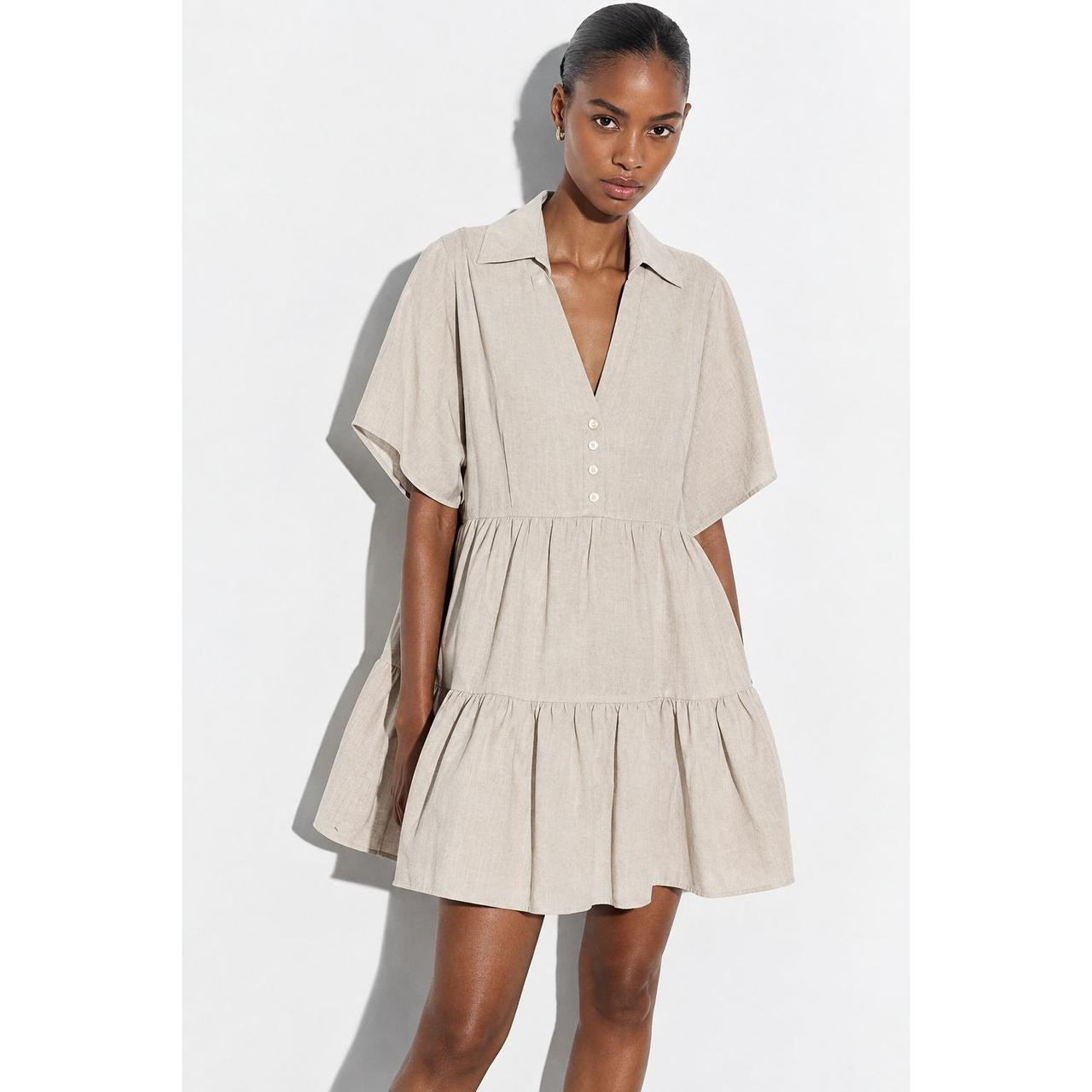 Zara Women's Babydoll Dress - Tan/Cream - S | Depop US