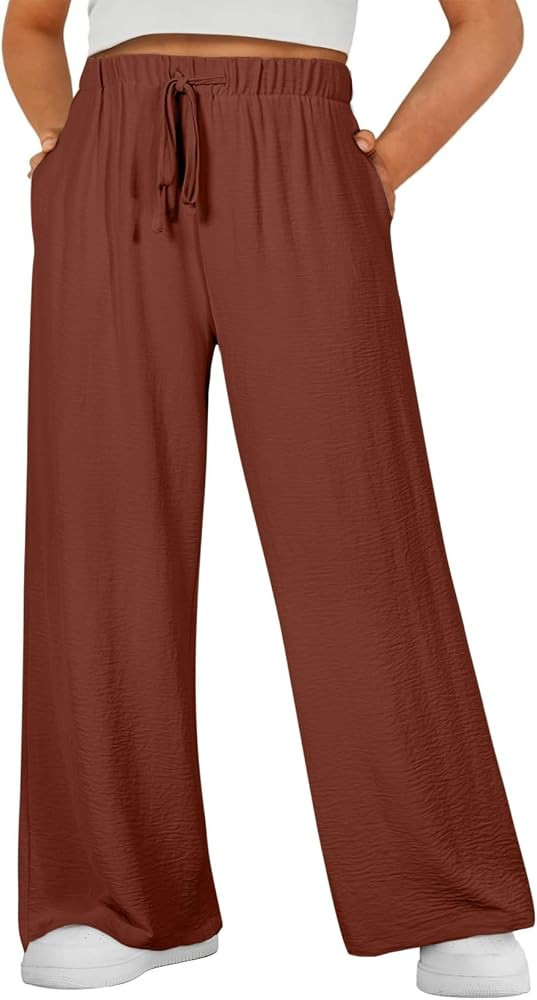 Eytino Womens Plus Size Pants Summer Elastic High Waist Drawstring Casual Loose Wide Leg Trousers... | Amazon (US)
