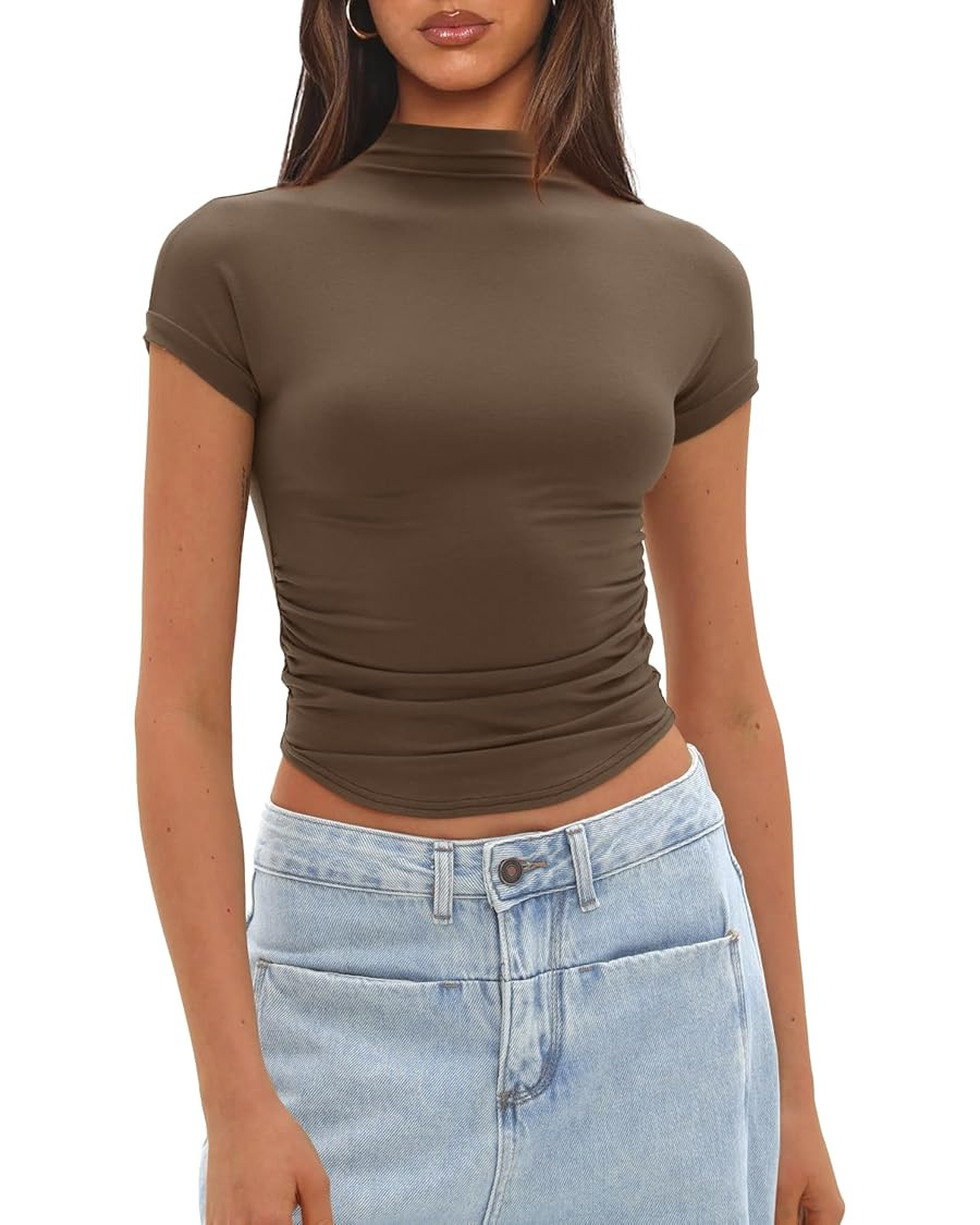 Darong Womens Summer Tops Mock Neck Short Sleeve Shirts Casual Basic Going Out Crop Tops Slim Fit... | Amazon (US)