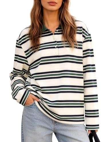Flygo Womens Rugby Striped Polo Shirts Vintage Long Sleeve V Neck Preppy Pullover Top Y2K Lapel Collar Button Sweatshirts Tee Green M | Amazon (US)