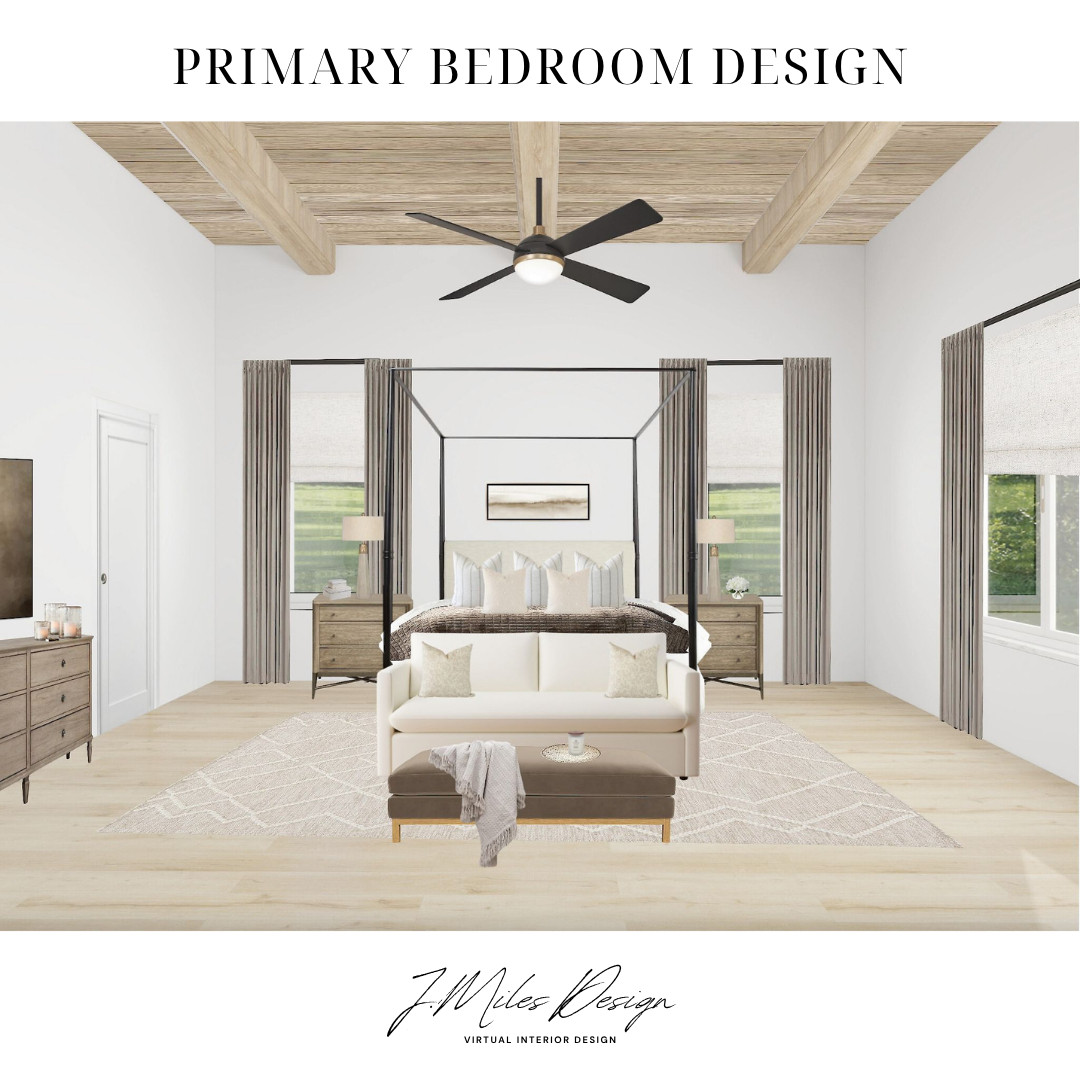 Modern farmhouse bedroom: black metal canopy bed, natural wood nightstands, ivory geometric rug, linen curtains, velvet bench & matte-black ceiling fan.

#farmhousebedroom #bedroomdecor #neutralhome 

 #LTKHome