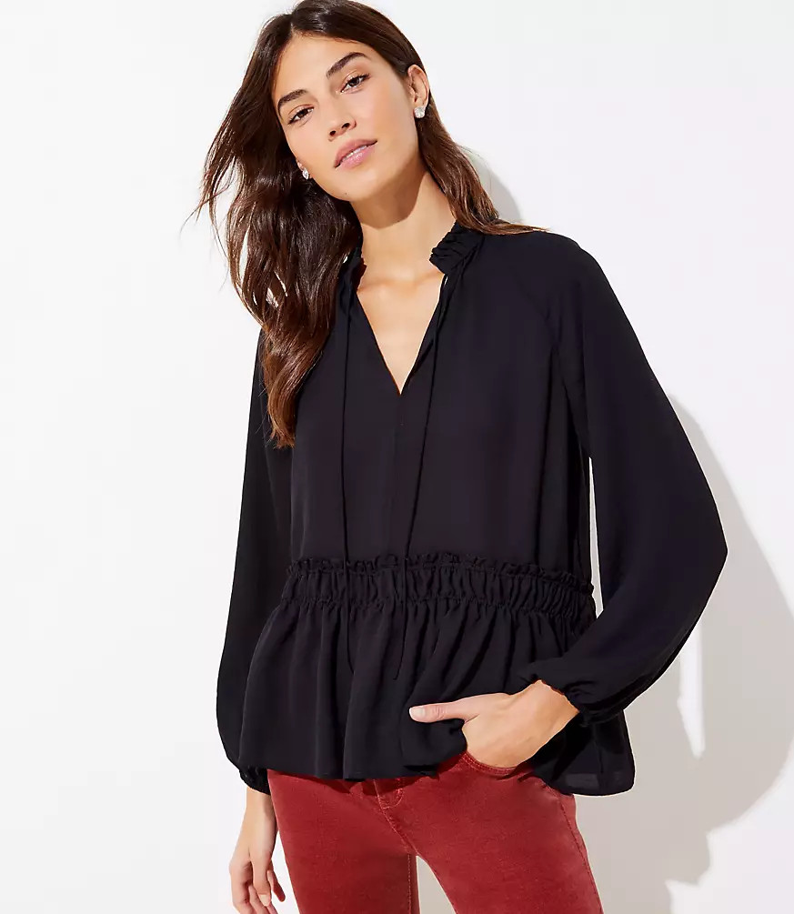 Smocked Tie Neck Flounce Top | LOFT | LOFT