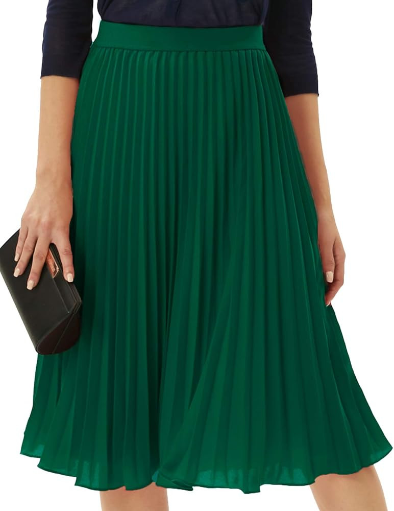 Women High Elastic Waist Pleated Chiffon Skirt Midi Swing A-line Skirts | Amazon (US)