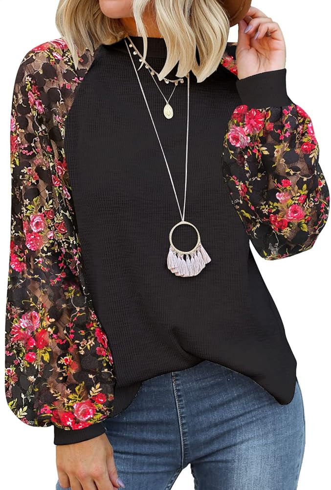 MIHOLL Women’s Long Sleeve Tops Lace Casual Loose Blouses T Shirts | Amazon (US)