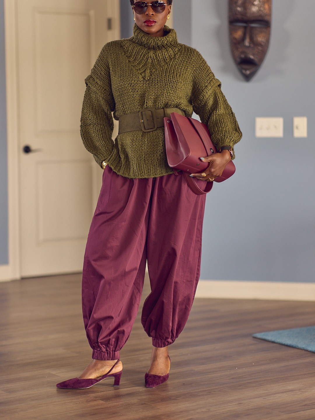 An easy and color-blocked balloon pants outfit for Fall/Winter ❄️ burgundy outfits, women's classic fashion, green chunky sweater, VICI, ASOS, Ann Taylor, Coach, Fall and Winter trends, comfy heels

#LTKootd #LTKTall #LTKOver40
