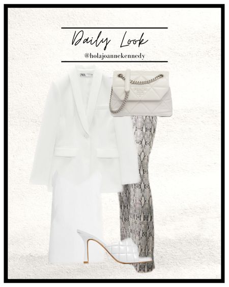 White blazer, snake print plisse trousers, snake trousers, plisse flared trousers, white quilted mules, bottega dupes, prada cross body, white prada, white chiffon cami top, zara blazer, spring going out outfit, spring dinner look, summer evening look, daily look, outfit collage, outfit flatlay 

#LTKstyletip #LTKunder50 #LTKeurope