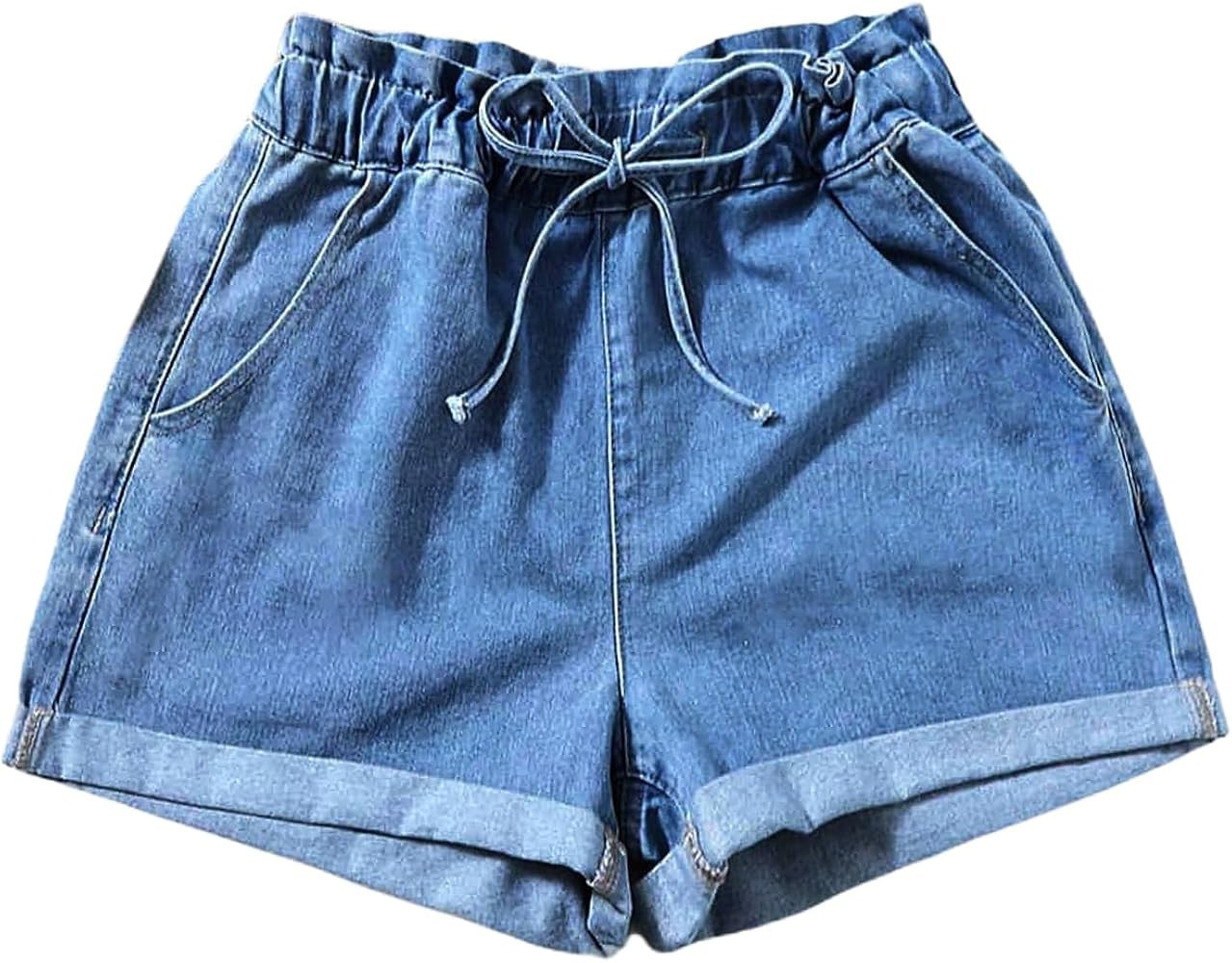SOLY HUX Women's Summer Denim Shorts Drawstring Elastic Waist Straight Leg Jeans with Pockets | Amazon (US)