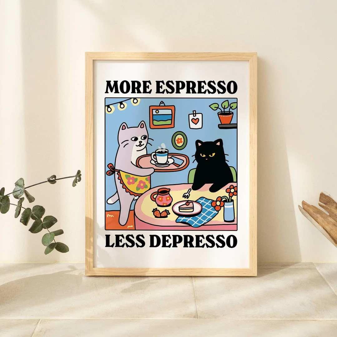 More Espresso Less Depresso Black Cat Wall Print, Coffee Cat Poster, Kitchen Art, Handmade Cat Co... | Etsy (US)