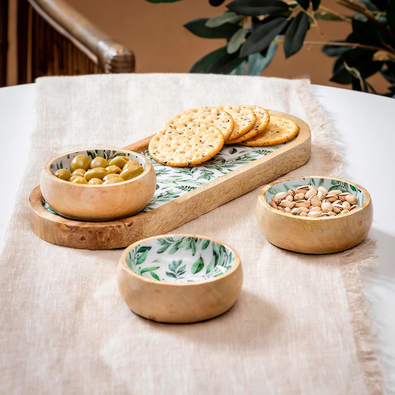 Olive Oasis 3-Section Wood Server with Bowls, 13"L | Plow & Hearth