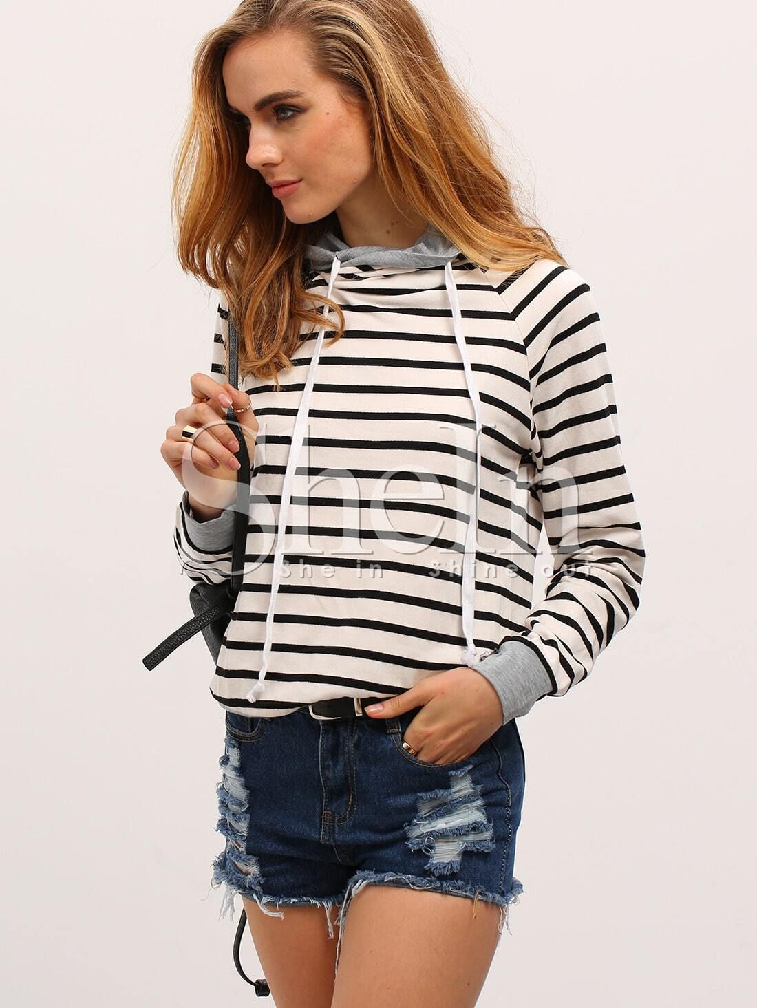 Striped Drawstring Hooded Zipper Sweatshirt | SHEIN