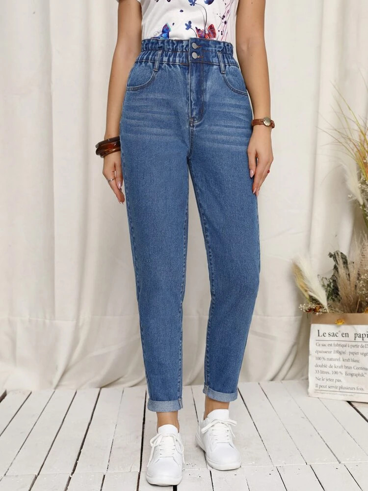 Light Wash High-Waisted Paperbag Waist Jeans | SHEIN