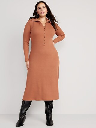 Fit &amp; Flare Long-Sleeve Henley Midi Dress for Women | Old Navy (US)