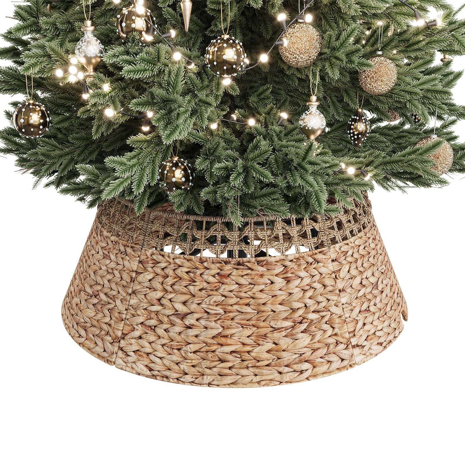 ELYKEN 28 Inch Wicker Christmas Tree Collar, Stylish Seagrass & Hyacinth Woven Rattan Xmas Tree S... | Amazon (US)