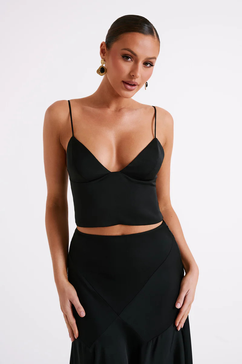 Tia Long Line Satin Top - Black | MESHKI US