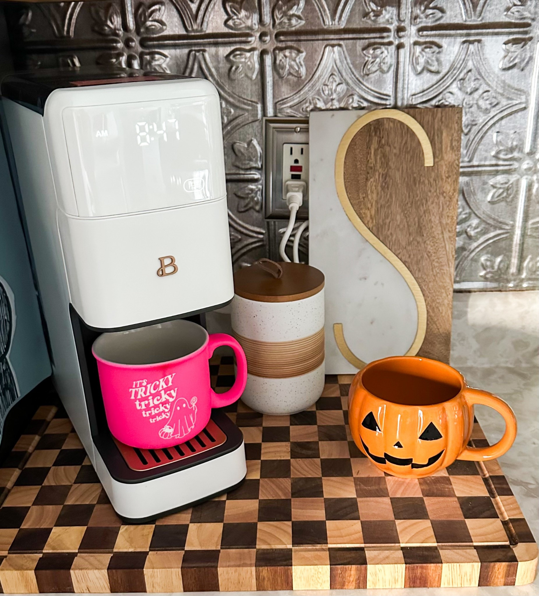 Coffee station 

Butcher block 
Cutting board
Coffee machine 
Coffee container
Initial board
Christmas gift
Holiday
Present 
Mug

#LTKSeasonal #LTKSaleAlert #LTKHoliday